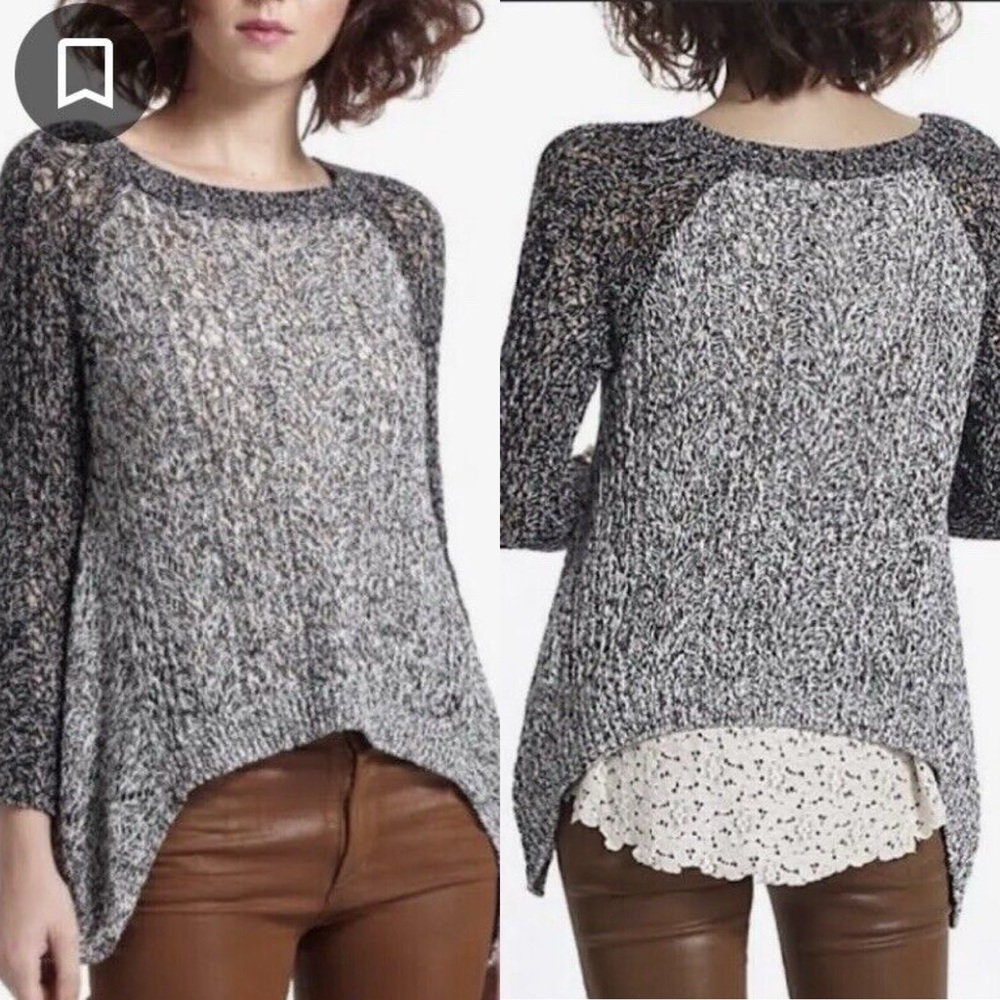 Anthropologie‎ Liefnotes Grey Knit Layered Sweater Dipped Lace Bohemian Size Med